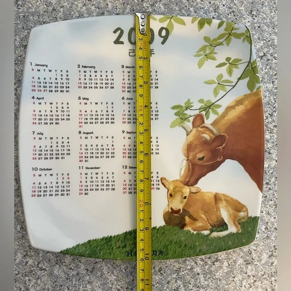 Hankook Bone China 2009 Korean Square Calendar Plate Cow And Calf Print Rare 10” - Picture 5 of 6